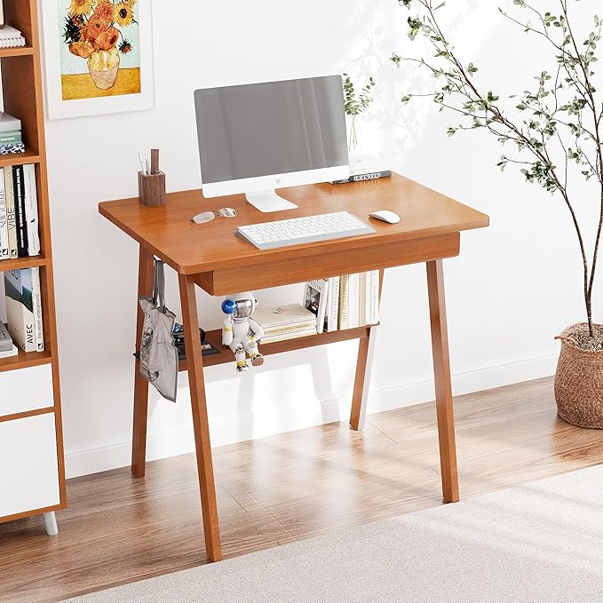 Solid Wood Desk with Drawers - 31.5 Inch Mid Century Modern Desks with Storage Shelf Small Writing Desk for Small Spaces Home Office Desks for Bedroom &amp Home Walnut Color