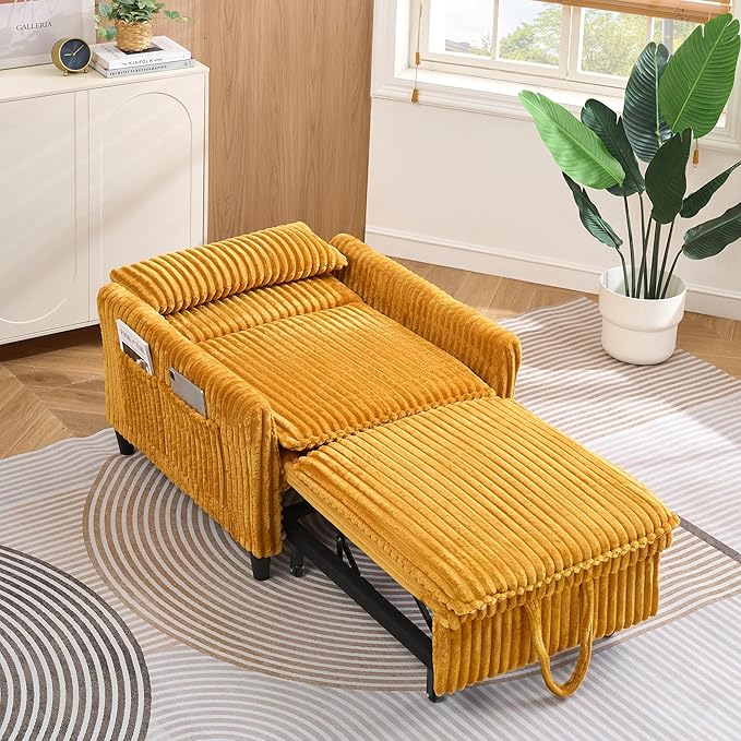 Modern Corduroy Fabric Sofa Bed Futon 3 in 1 Convertible Pullout Bed Sleeper Couches with 3 Reclining Backrests Small Sofa Chair Bed for Living Room Bedroom (Yellow)