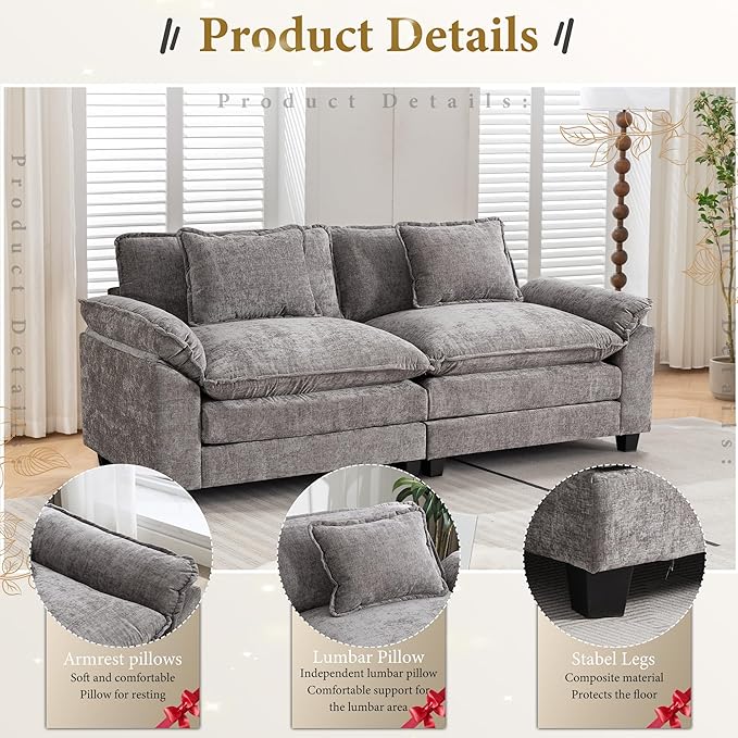 URRED Modular Sectional Sofa Comfy Cloud Couch Modern Chenille Sofa Sleeper Deep Seat Couches with Ottoman/Pillows for Living Room (Gray 82.6'')
