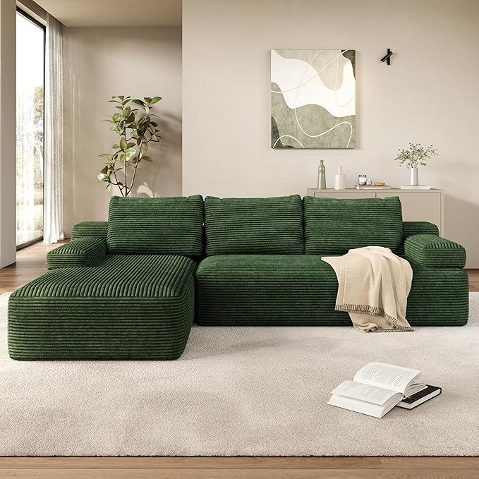 Yaheetech 110 Modular Sectional Sofa Corduroy Boneless Couch with Chaise L-Shape Cloud Couch with Detachable Pillows No Assembly Sofa for Living Room Green