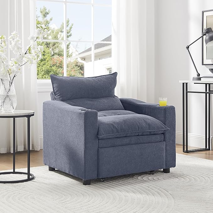 SLEERWAY 3 in 1 Convertible Sleeper Sofa Bed 36.14 W Easy Pull Out Chair Bed with Dual Cup Holders Comfy Thick Padding Futon Love Seat with Adjustable Backrest for Living Room Small Space (Grey)