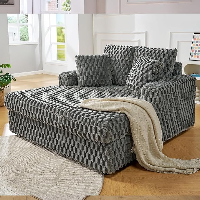 VanAcc 58 Upholstered Chaise Lounge Plush Sleeper Chair Sofa Bed with Throw Pillows &amp Armrests Sleeper for Living Room Ash Grey