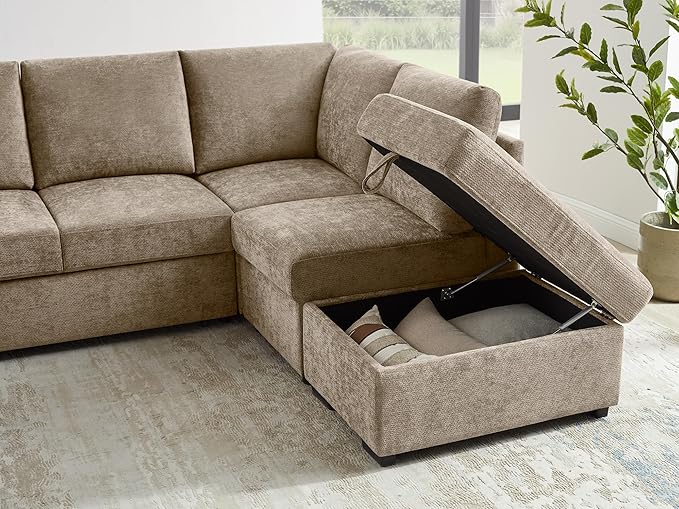 VANOMi 94 Sectional Sleeper Sofa with Pull Out Couch Comfy 6 Seater L Shaped Modular Sofa with Storage Ottoman Modern Convertible Chenille Cloud Couches for Living Room Apartment Camel