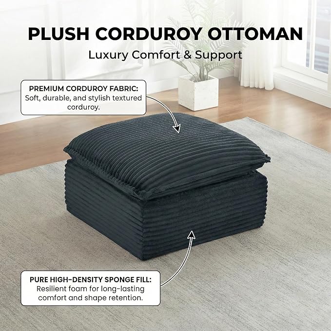 Corduroy Ottoman for Living Room Bedroom Soft Memory Foam Footstool Boneless Extra Seating &amp Coffee Table (No Assembly)