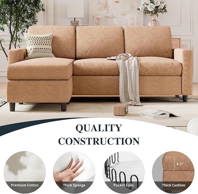 SUNLEI Sectional Sofa Couches for Living Room L Shaped Couch with Reversible Chaise Modern Linen Convertible Sectional Sofa for Small Space as Apartment Brown
