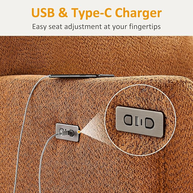 VANOMi Power Swivel Glider Recliner Chair Electric Nursery Rocker Recliner Chair USB &amp Type-C Charger Boucle Curry