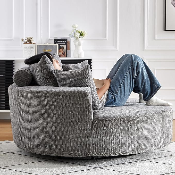 KEIKI 55 Oversized Swivel Accent Chair Large Barrel Chairs Upholstered Round Swivel Chair Chenille Single Sofa Armchair Sleeper Chair for Living Room Lounge Grey