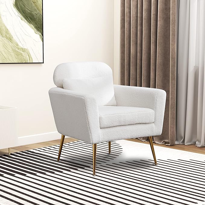 29.5 W Modern Boucle Accent Chair Armchair Upholstered Reading Chair Single Sofa Leisure Club Chair with Gold Metal Leg and Throw Pillow for Living Room Bedroom Dorm Room Office Ivory Boucle