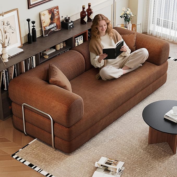 79 Inch Convertible Sleeper Sofa Bed with Cylindrical PillowOversized Corduroy Upholstered Boneless CouchLove Seat Floor Sofas Living RoomApartmentOffice-Brown