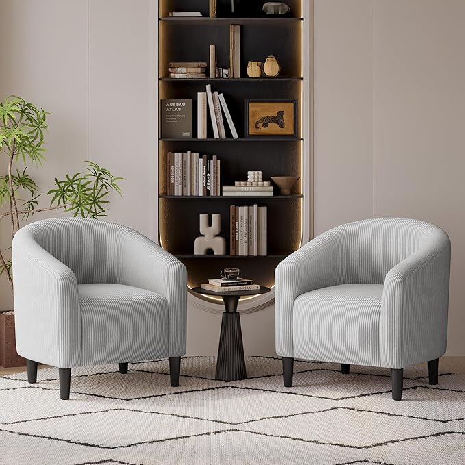 Yaheetech Accent Barrel Chair Corduroy Fabric Club Chair Furry Sherpa Elegant Armchair with Cozy Soft Padded for Living Room Bedroom Reception Room Office Set of 2 Light Gray