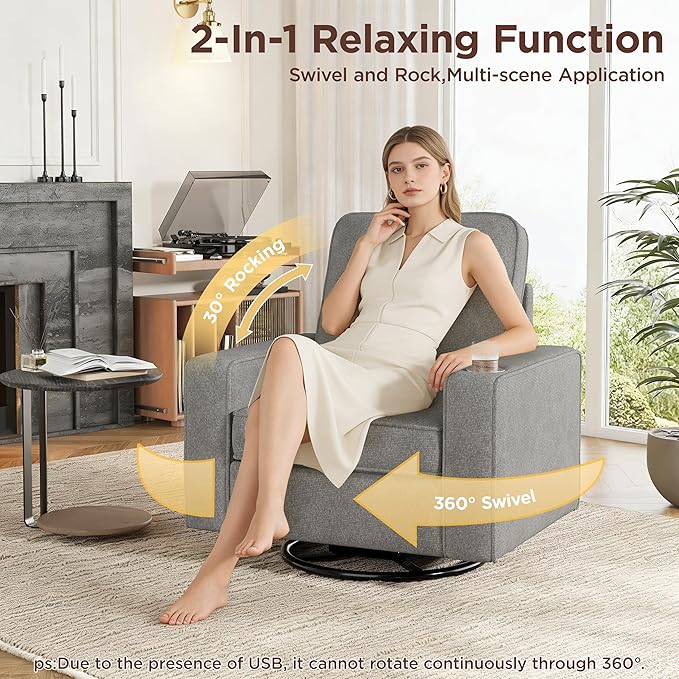 Swivel Square Accent Chair with Wide Armrests360° Rotating Comfy Single Sofa Chairs with USB/Type-CCup Holder &amp Side PocketModern Armchair for Living Room Bedroom Reading Lounge NookLight Grey