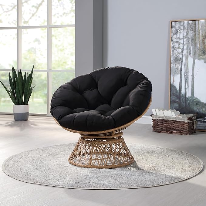 OSP Home Furnishings Wicker Papasan Chair with 360-Degree Swivel Natural Frame with Black Cushion