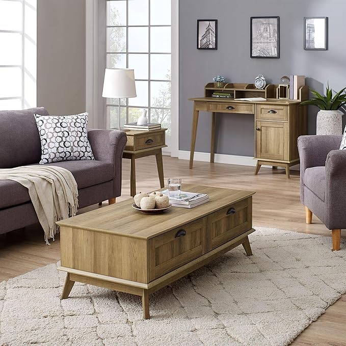 Pemberly Row Wood Writing/Computer Desk with Hutch Golden Oak Finish 47.6 in x 20 in x 36.3 in Engineered Wood and Metal USB Hub Multiuse Drawer Durable Home Office Desk for Bedroom or Dorm