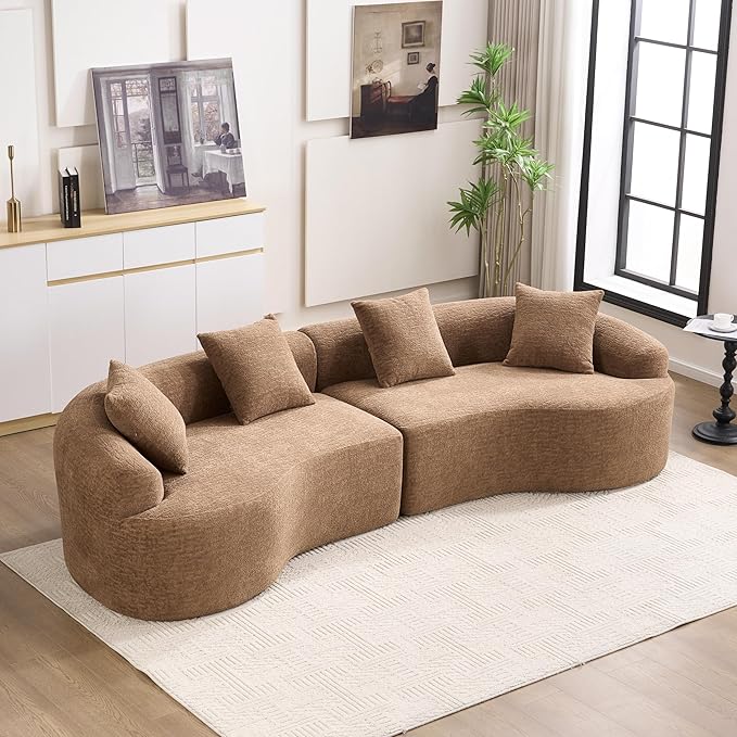 Curve Modular Sofa Couch Deep Seat Cloud Couch No Assembly Required Sofa Set Chenille Fabric 4-Seater Comfy Cloud Couches for Living Room Apartment Office-Caramel | Lasting Support
