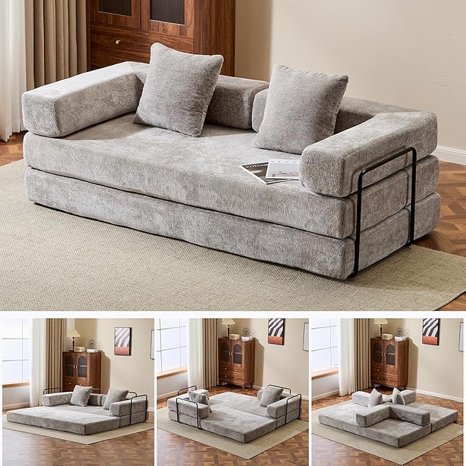 Folding Convertible Sofa Bed 4-in-1 Boneless Couch Sleeper Sofa 76.8'' Chenille Foldable Mattress Couch with Fixed-Shape Frame Floor Sofas Modular Futon Couches for Living Room Light Grey