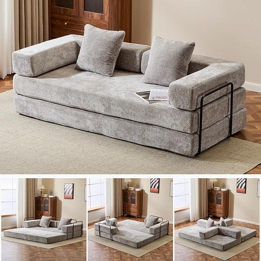 Folding Convertible Sofa Bed 4-in-1 Boneless Couch Sleeper Sofa 76.8'' Chenille Foldable Mattress Couch with Fixed-Shape Frame Floor Sofas Modular Futon Couches for Living Room Light Grey
