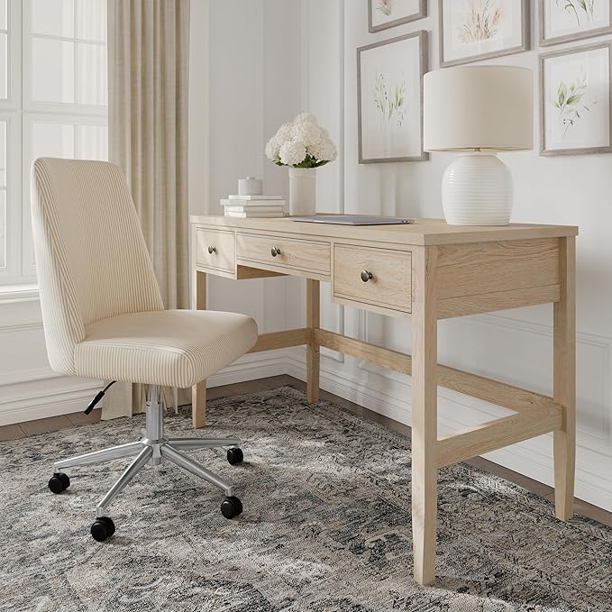 Martha Stewart Rhett Writing Desk with 3 Drawers and Tapered Legs in Light Natural with Antique Bronze Hardware