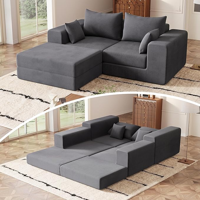 Modern Small Boneless Couch Convertible Modular Sectional Sleeper Sofa Bed Corduroy Memory Foam Cozy Modular Cloud Couch L-Shaped Cloud Sofa for Living Room No Assembly Grey