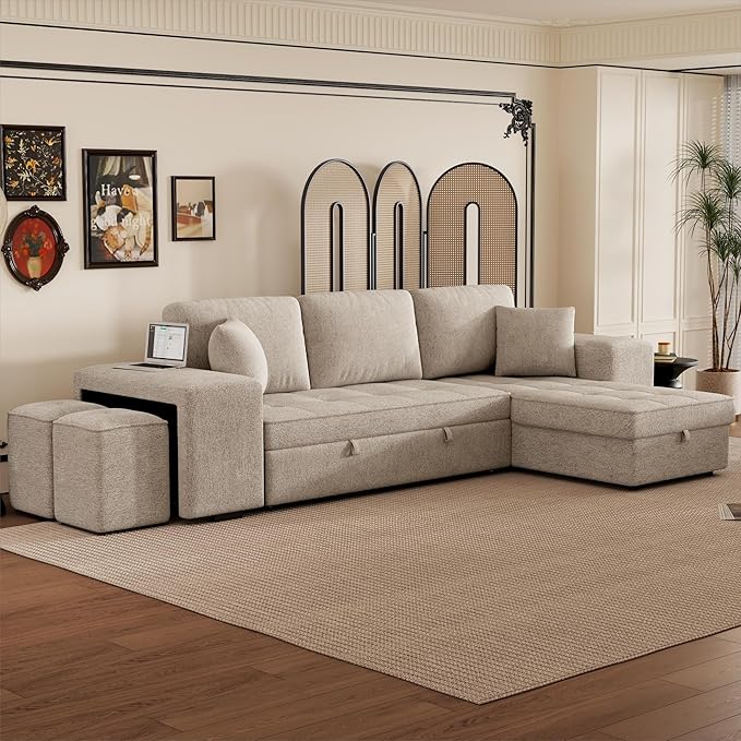 Ball &amp Cast 104 L-Shape Sectional Sofa with Storage Chaise and 2 StoolsPull-Out Bed3-Seat Chenille Reversible Couch w/Storage Armrestfor Living RoomApartmentCream