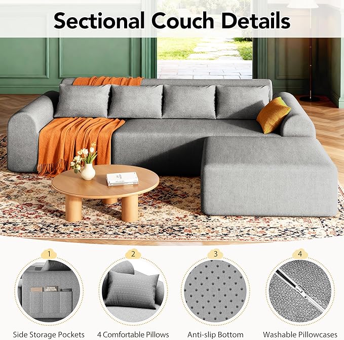 Rengue 105.5 Cloud Boneless Sectional Sofa for Living Room 4-Seater L-Shaped Comfy Couch with Ottoman 4 Pillows Deep Seat Chenille Sofa No Assembly Required (Light Grey) 72h to Restore