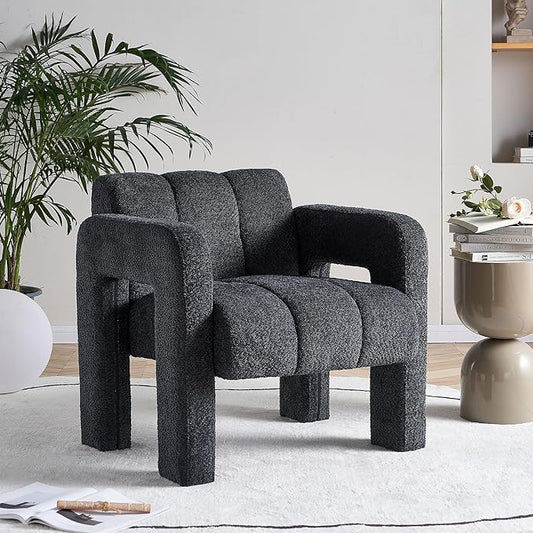 KEIKI 31 Boucle Accent Chair with High Density Foam Cushion Upholstered Modern Style Oversized Single Sofa Chair Easy Assembly for Living Room and Bedroom Apartment Office Dark Grey