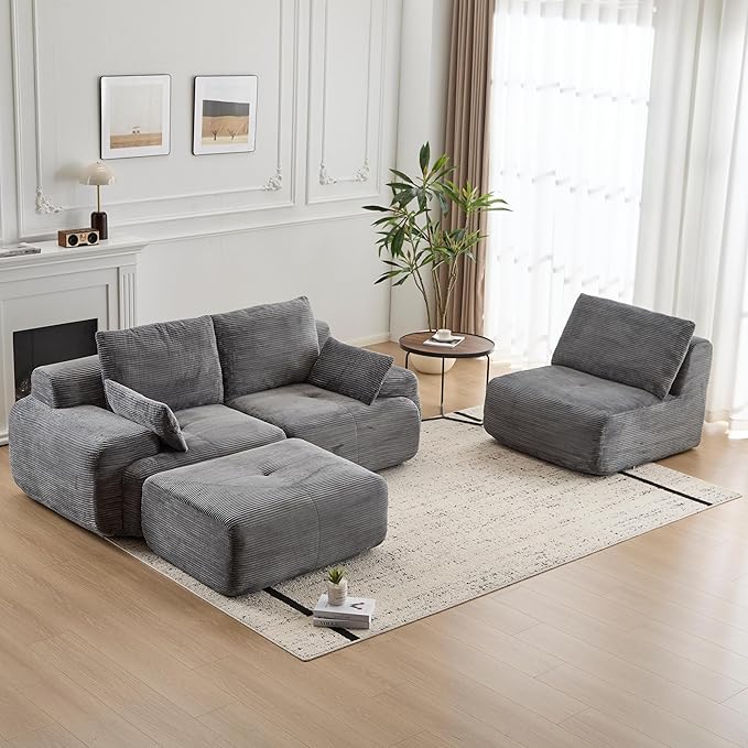 Modular Sectional Sofa Comfy Boneless Cloud Couch with Pillows Pet-Friendly Corduroy Fabric Sectional Couches for Living Room No Assembly Required (Grey 3 Seat)