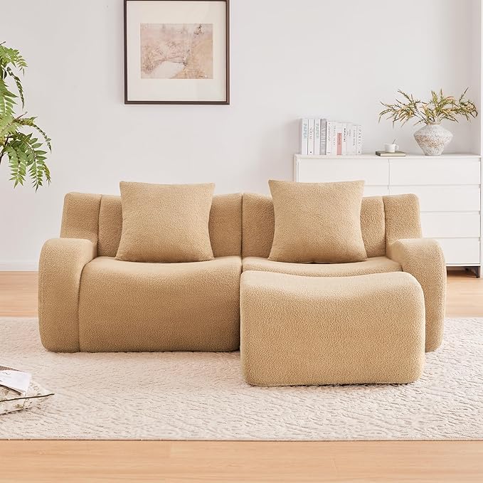KEIKI 83 L-Shaped Teddy Modular Sectional Loveseat Sofa with 1 Ottoman &amp High-Density Foam Cushions &amp Curved Armrest &amp 2 Pillows Streamlined Design Boneless 2-Seater Couch for Living Ro