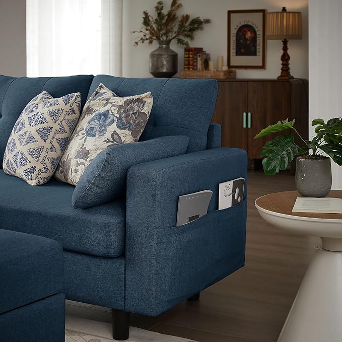 101 Convertible Sectional Sofa Modern Linen Fabric U-Shaped Couch with Reversible Chaises and Ottoman Coffee Table 4 Seat Sofa Couches for Living Room Apartment Office Blue