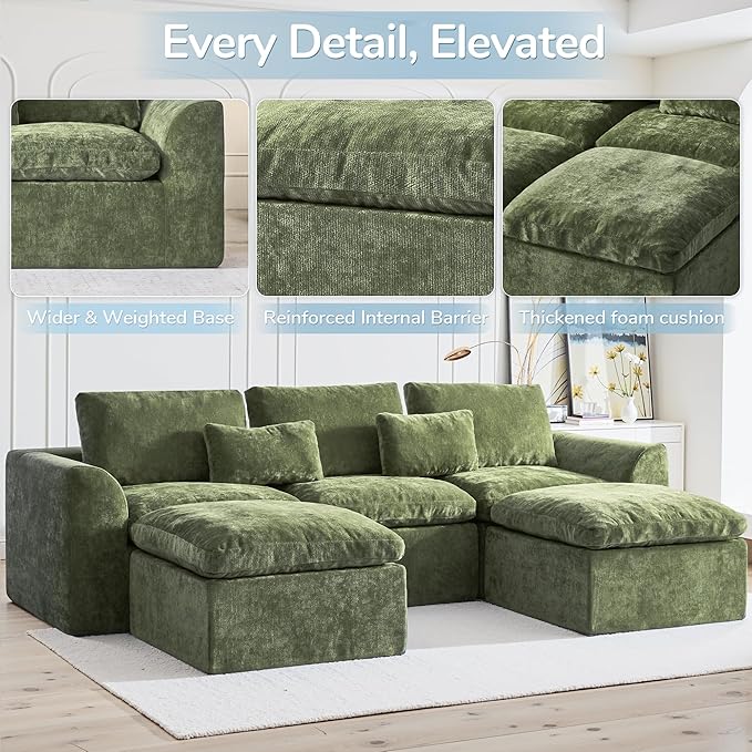 Modern Sectional Cloud Couch - 120'' Soft Modular Sectional Sofa – No Assembly Required - Deep Seat Couches with 2 Movable Ottomans - Oversized Chenille Sofa for Living Room - Green