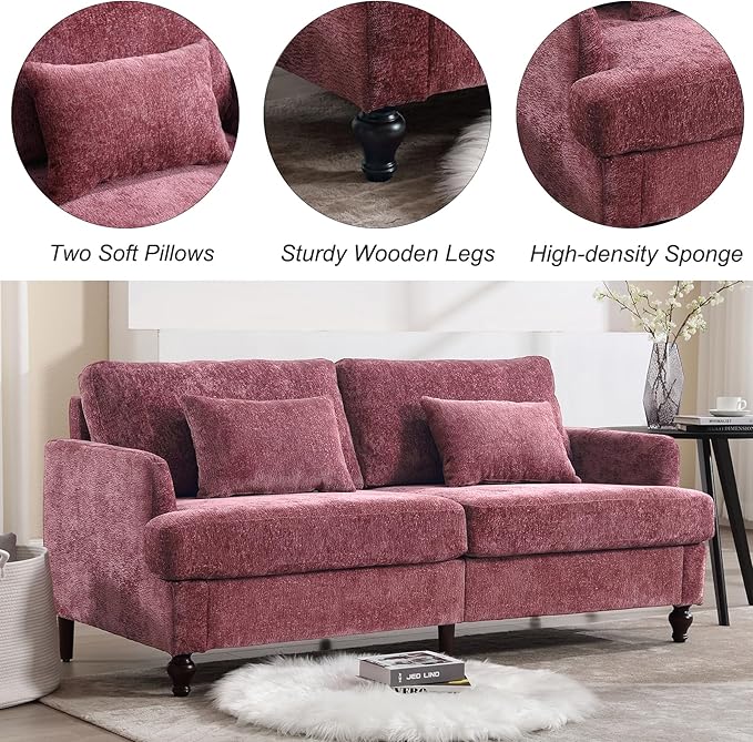 68'' Sofas Couch for Living Room Mid Century Modern Sofa with Deep Seats Chenille Loveseat Cloud Couch Comfy Small Couches for Small Spaces Apartment Bedroom Wine Red
