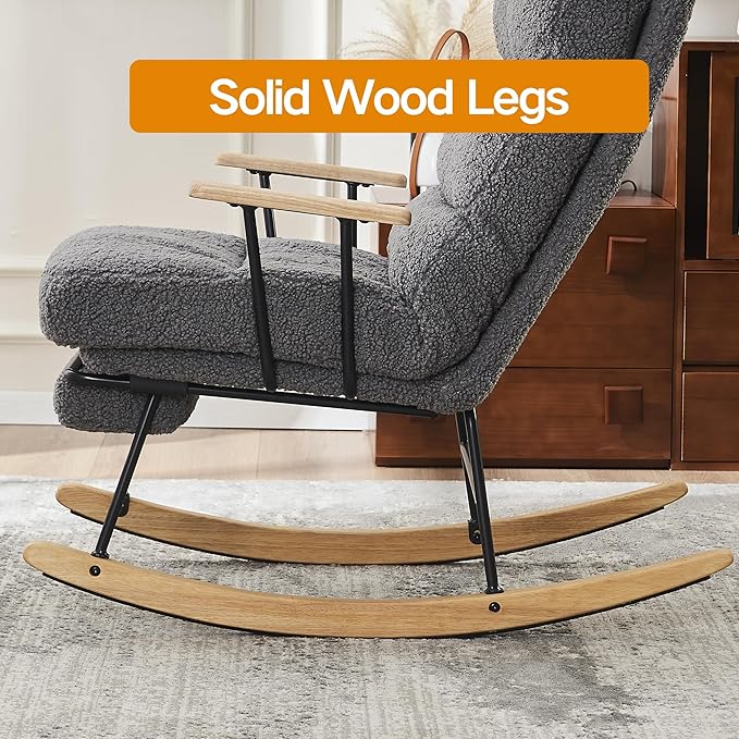 Modern Rocking Chair Teddy Gliding Rocking Chair with High Back Retractable Footrest Adjustable Back Angle for Nursery Living RoomBedroom