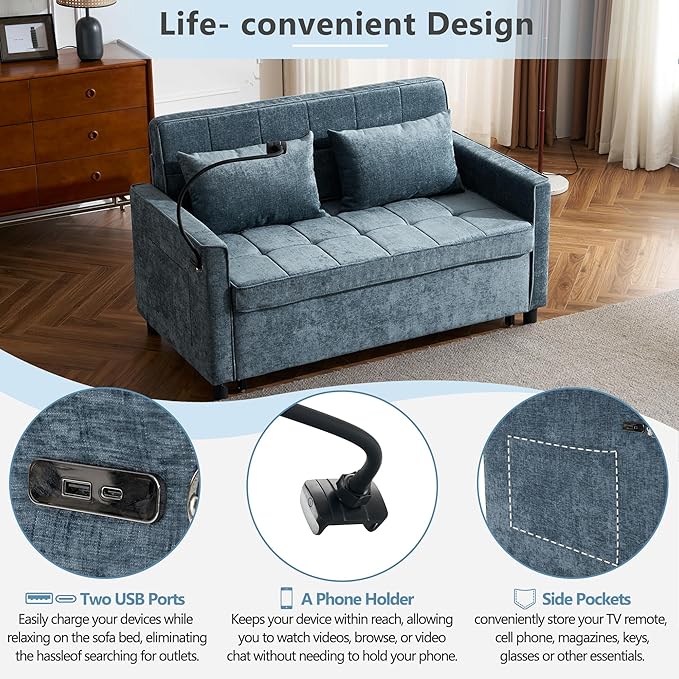 3 in 1 Convertible Sleeper Sofa Bed with Pull-out Bed 61 Chenille Chaise Lounge with 3-level Adjustable Backrest Tufted Loveseat with Phone Holder &amp 2 Soft Pillows for Living Room Apartment Bl