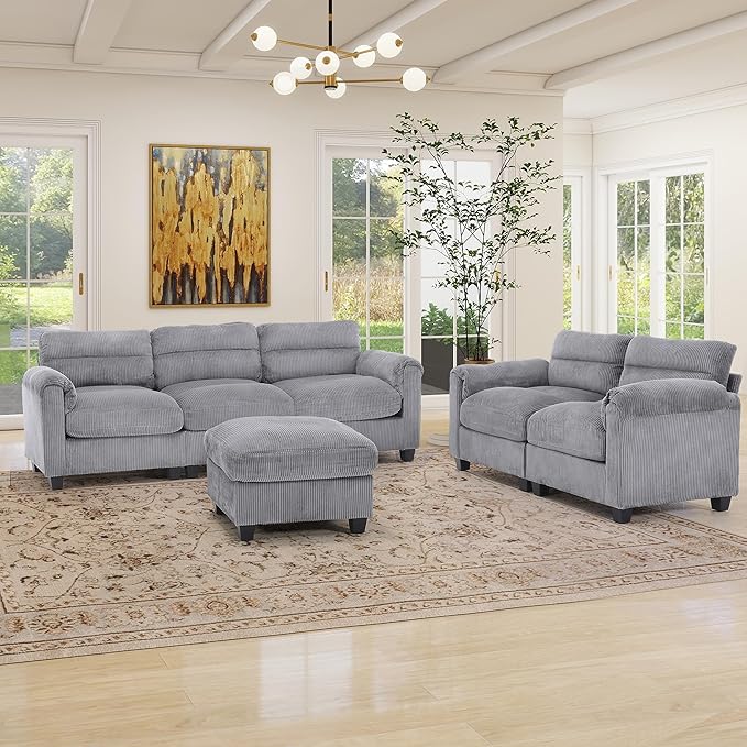 Corduroy Sofa Set Upholstered Ottoman Loveseat and 3-Seater Couch with Plush Cushions and Rolled Arms Modern Living Room Furniture SetsGrey