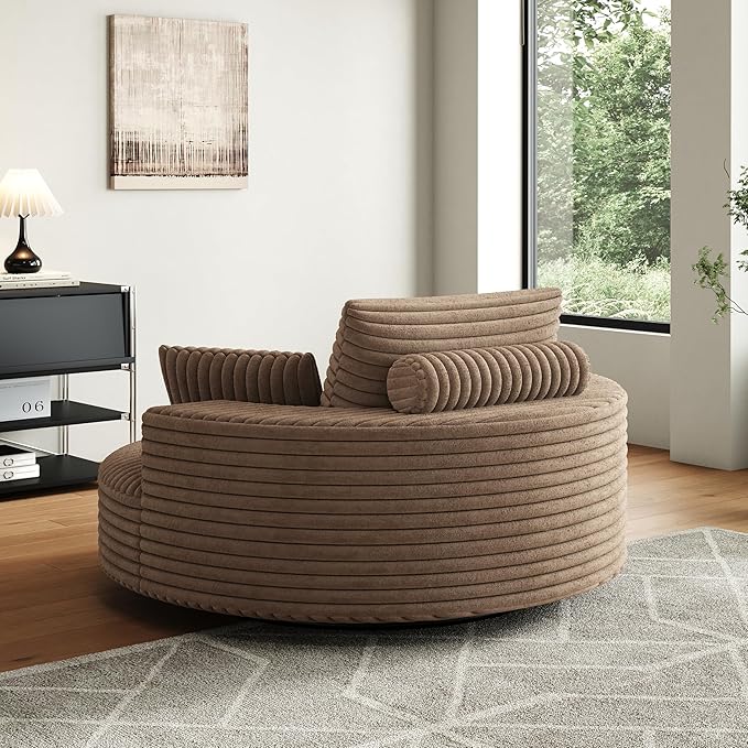 TTK 55” Oversized Corduroy Swivel Chair Fluffy 360° Rotating Sleeper Armchair with Pillows &amp Headrest Full Foam Barrel Chair for Living Room Bedroom Reading Nook Lounge or Apartment Brown