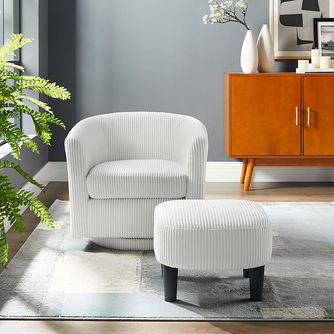 Green Swivel Accent Chair with Ottoman 360° Barrel Chairs with Foot Stool Comfy Reading Chair with Removable Pillow &amp 2 Armrest Covers for Living Room Small Spaces Bedroom Chenille (Black (smal