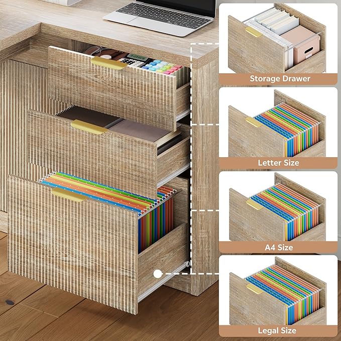 78 Inch L Shaped Office Desk with Drawers Fluted L Shape Computer Desk Executive Office Desk with File Cabinet Storage Shelves and Power Outlets Sturdy Writing Workstation Natural Oak
