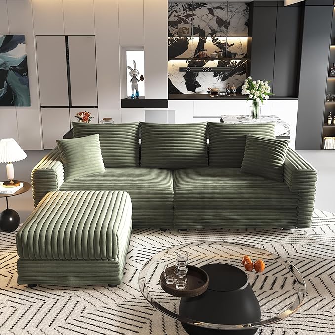 Cloud L Shaped Couch Modular Sectional Sofa 3 Seater Corduroy Cloud Sofa Couch with Ottoman 82.7'' Oversized Chaise Lounge Sleeper Sofas Deep Seat Sectional Couches for Living Room Green