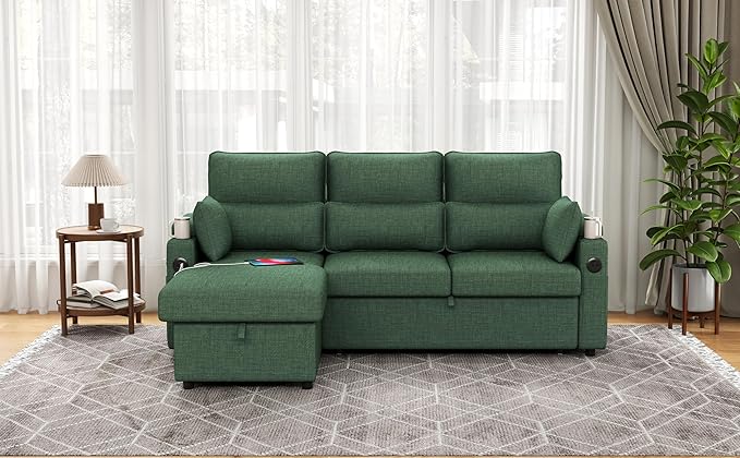 Sectional Sleeper Sofa with Pull Out Couch Bed with Storage Chaise for Living Room Comfy Linen Modular Sectional Sofa with Dual USB &amp Type-C Cup Holders (Green 81 Inches)