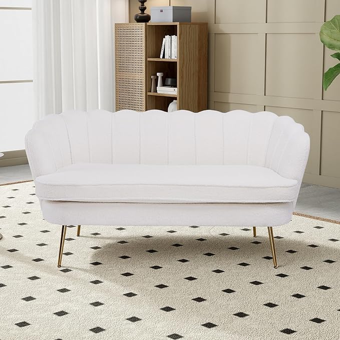Mlmh &amp Kngwa Sherpa Boucle 2-Seater Sofa 59 Loveset Settee with Gold Metal Legs Comfy Upholstered Floral Mini Couch Sofa for Bedroom Living Room Apartment Ivory