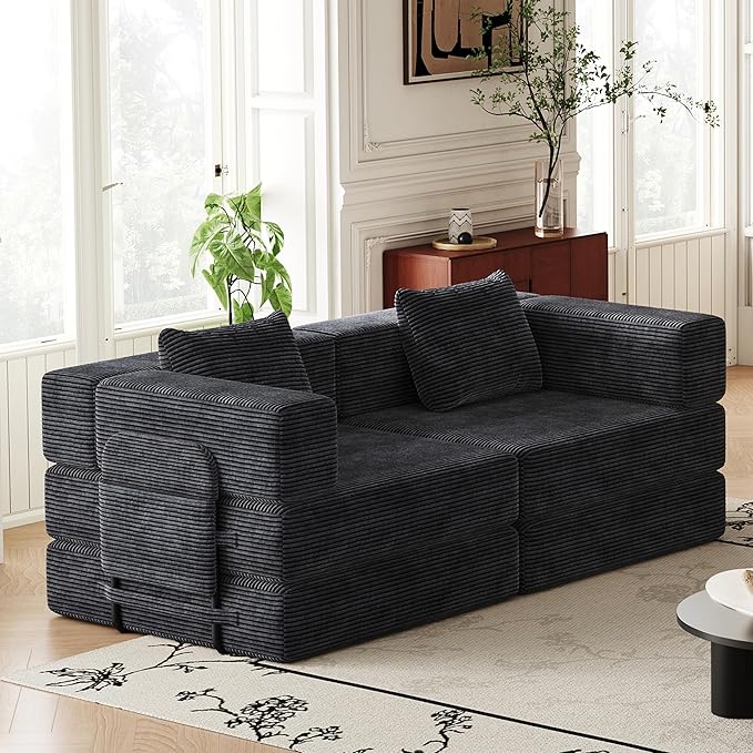 KEIKI 72.4'' Convertible Sofa Bed 2 Seat Corduroy Fabric Sofa with Two Side Storage Pockets and Two Cushions Comfortable Folding Sleeper Carpeted Couch for Living Room Bedroom and Study Black