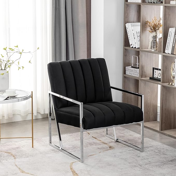 Generic Velvet Vertical Stripe Armchair Gold Metal Frame Accent Chair Suitable for Living Room BedroomBlack