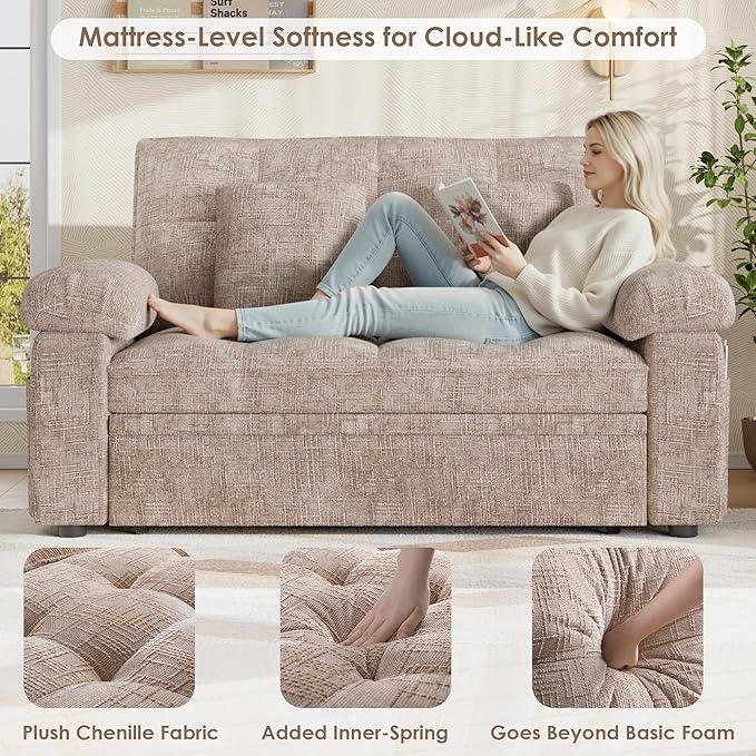 Keyluv 59” Loveseat Sleeper Sofa with USB Ports &amp Side Pockets 3 in 1 Convertible Sofa Bed for Living Room/RVs/Camper Pull Out Couch with Adjustable Backrest Chenille Khaki
