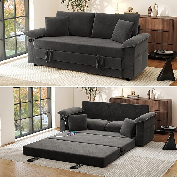 SUNWAVE Oversized Loveseat Sleeper Sofa 77 Convertible Sofa Bed 2-Seat Pull Out Couch w/USB Chenille Queen Folding Sofa Bed for Living Room Small Spaces Bedroom (Black)