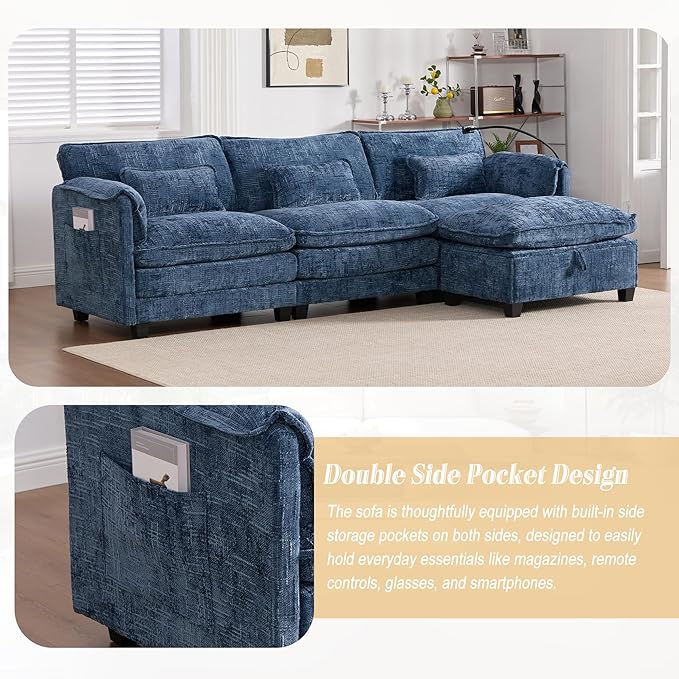 KEIKI 110 L-Shaped Boucle Modular Sectional Chenille Sofa with 1 Ottoman &amp Memory Foam Cushion &amp Phone Holder &amp USB Upholstered Modern Oversized 4-Seater Couch Easy Assembly for Living