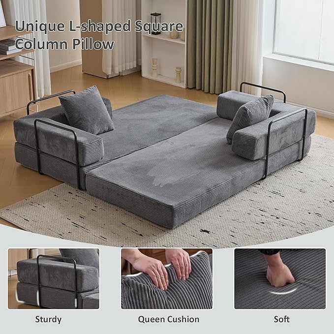 Convertible Sleeper Sofa Bed Compression Folding Sofa with Pillow No Assembly Required Shape Frame Floor Sofas Lounge Couch for Living Room Bedroom Small Spaces(Corduroy 77''W Dark Grey)