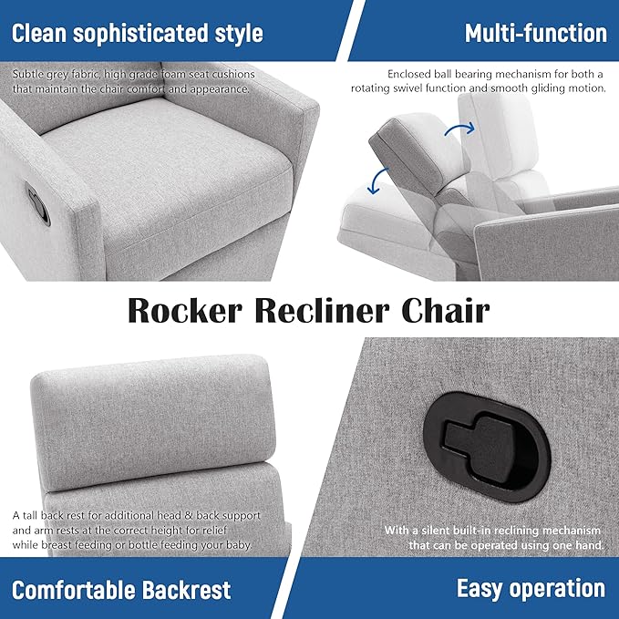 Swivel Rocker Recliner Chair 360 Degree Swivel Nursery Rocking Chair Manual Glider Rocking Recliner Chair for Living Room Bedroom (Grey)