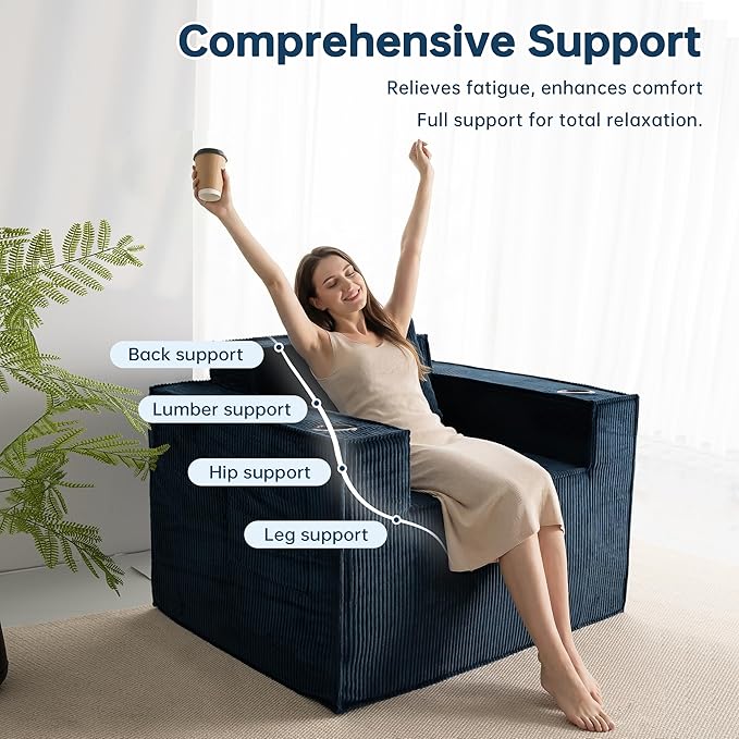 Cloud Single SofaChaise Lounge Chair with Cup Holder &amp Side PocketElevated Seat HeightNo Assembly RequiredBoneless Corduroy Chair for Small SpaceBedroomOffice (Blue Single Sofa)