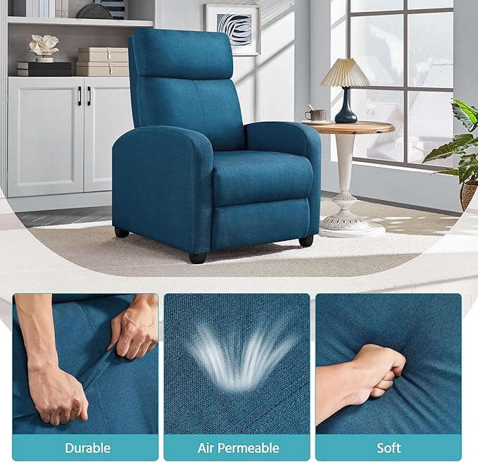 Yaheetech Fabric Recliner Sofa Modern Single Recliner Sofa Home Theater Seating with Thick Seat Cushion Backrest and Pocket Spring Blue