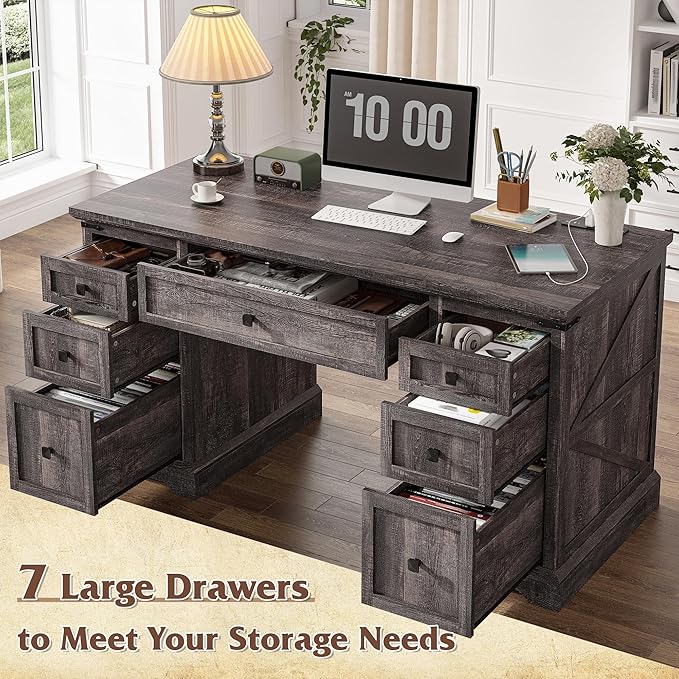 EnHomee 58 W Farmhouse Executive Desk with Drawers Wood Home Office Desks with Power Outlets Rustic Computer Desk with Storage Cabinet for Working Studying Writing Dark Rustic Oak