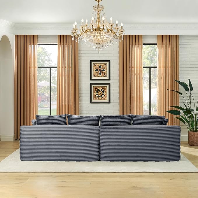 U-Shaped Cloud Sectional Couch Symmetrical Modular Compressed Boneless Sectional Sofa with Chaise Lounges Plush Corduroy Boneless Corner Sofa for Living Room